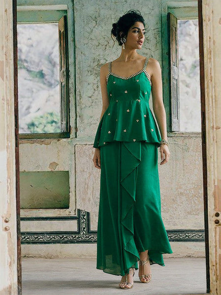 Women Green Shadow Work Embellished Top with Palazzos Co-Ords Set VitansEthnics