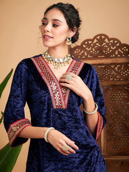 Women Ethnic Motifs V-Neck Regular Thread Work Velvet Kurti With Trousers Set VitansEthnics