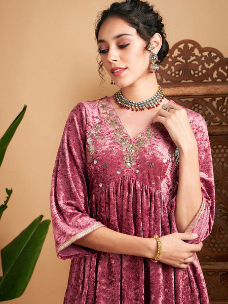 Women Embroidered V-Neck Tunic With Palazzos Set VitansEthnics