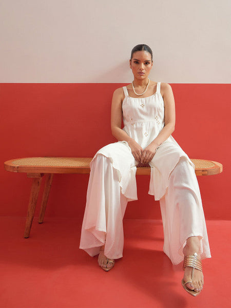 Women White Shadow Work Embroidered Top with Palazzos Co-ords Set VitansEthnics