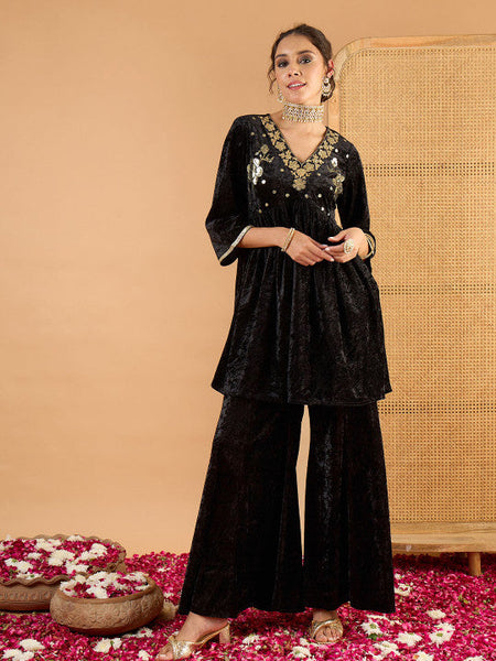Women Ethnic Motifs Embroidered Tiered Mirror Work Kurti with Palazzos VitansEthnics