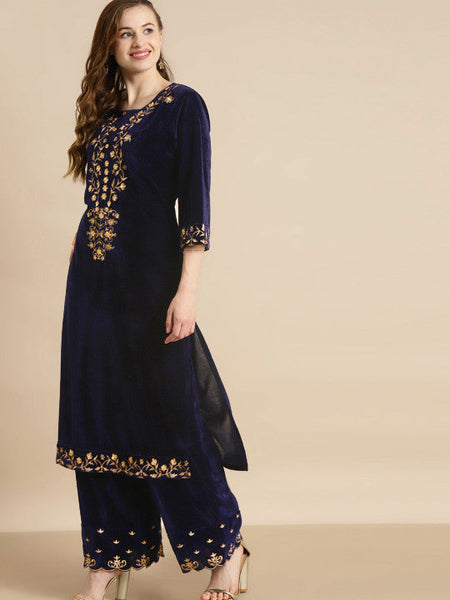 Women Floral Embroidered Round Neck Thread Work Velvet Kurta With Palazzo Set VitansEthnics