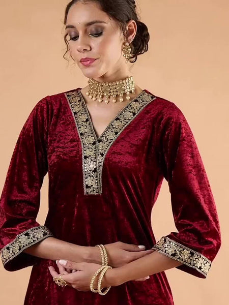 Women Ethnic Motifs Embroidered Kurta with Trousers Set VitansEthnics