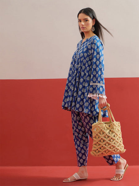 Women Ethnic Printed Thread Work Pure Cotton Kurta & Farshi Trousers Co-ords Set VitansEthnics