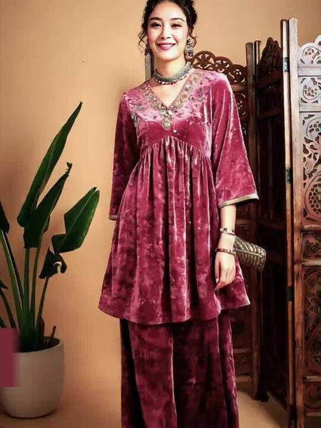 Women Embroidered V-Neck Tunic With Palazzos Set VitansEthnics