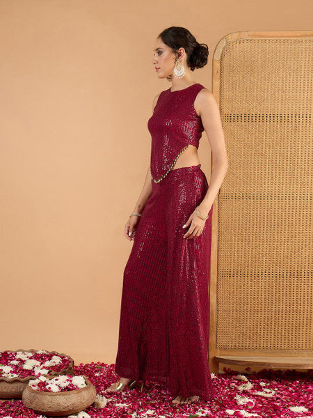 Women Embellished Sequinned Round Neck Crop Top With Palazzos Co-Ords Set VitansEthnics