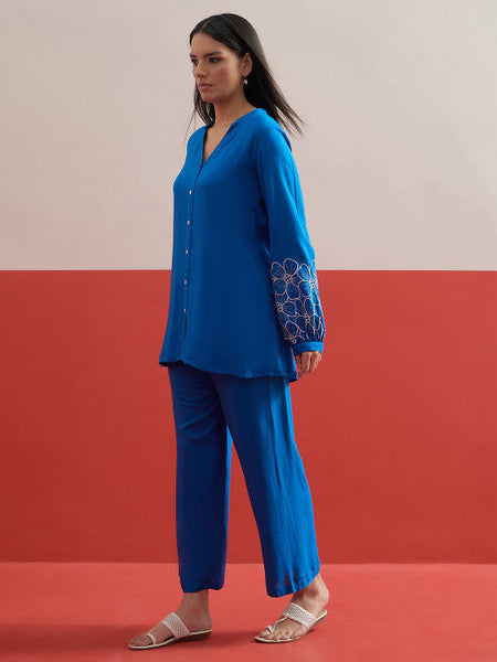 Women Indigo Embroidered Tunic with Trousers Co-ords Set VitansEthnics