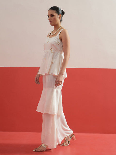 Women White Shadow Work Embroidered Top with Palazzos Co-ords Set VitansEthnics