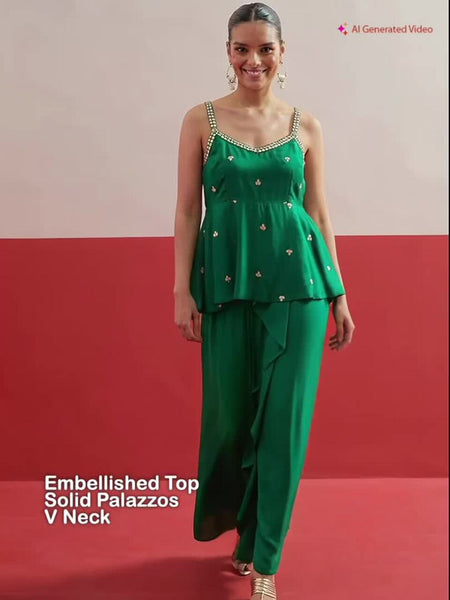 Women Green Shadow Work Embellished Top with Palazzos Co-Ords Set VitansEthnics
