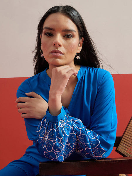 Women Indigo Embroidered Tunic with Trousers Co-ords Set VitansEthnics