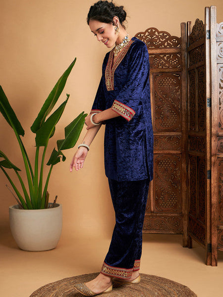 Women Ethnic Motifs V-Neck Regular Thread Work Velvet Kurti With Trousers Set VitansEthnics