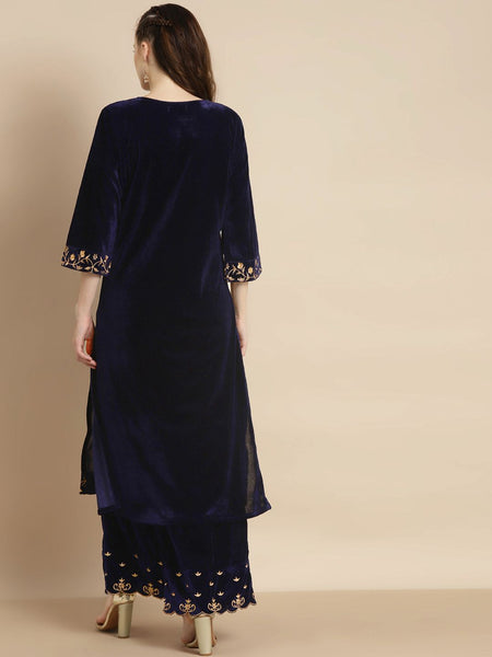 Women Floral Embroidered Round Neck Thread Work Velvet Kurta With Palazzo Set VitansEthnics