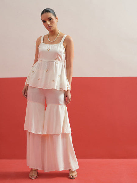 Women White Shadow Work Embroidered Top with Palazzos Co-ords Set VitansEthnics
