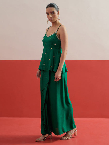 Women Green Shadow Work Embellished Top with Palazzos Co-Ords Set VitansEthnics