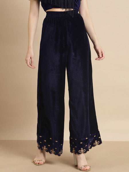 Women Floral Embroidered Round Neck Thread Work Velvet Kurta With Palazzo Set VitansEthnics