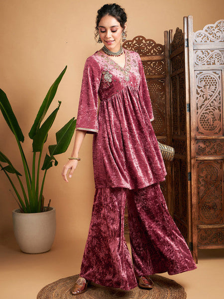 Women Embroidered V-Neck Tunic With Palazzos Set VitansEthnics