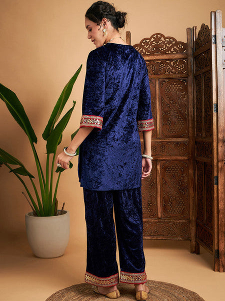 Women Ethnic Motifs V-Neck Regular Thread Work Velvet Kurti With Trousers Set VitansEthnics