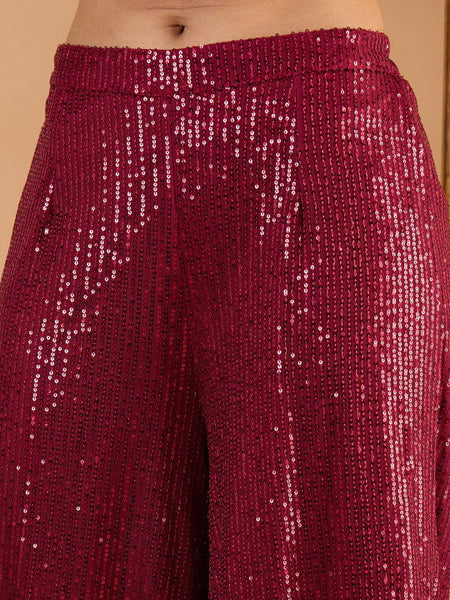 Women Embellished Sequinned Round Neck Crop Top With Palazzos Co-Ords Set VitansEthnics