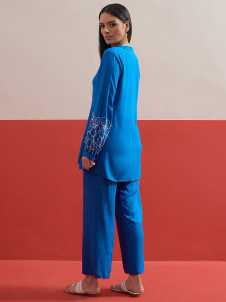 Women Indigo Embroidered Tunic with Trousers Co-ords Set VitansEthnics