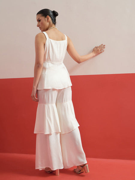 Women White Shadow Work Embroidered Top with Palazzos Co-ords Set VitansEthnics
