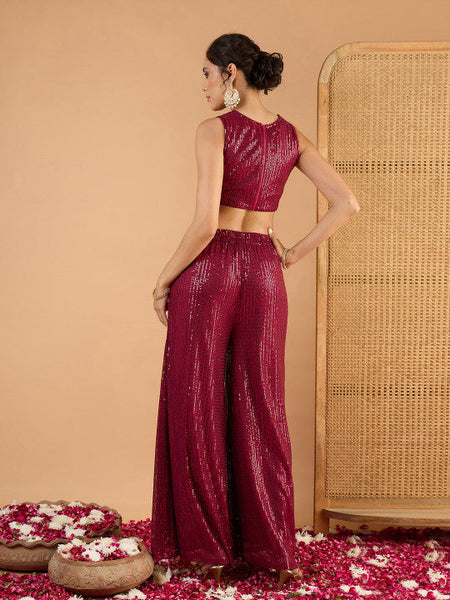 Women Embellished Sequinned Round Neck Crop Top With Palazzos Co-Ords Set VitansEthnics