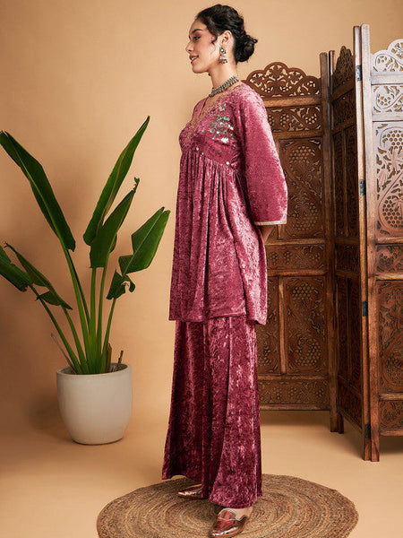 Women Embroidered V-Neck Tunic With Palazzos Set VitansEthnics