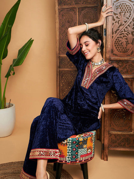 Women Ethnic Motifs V-Neck Regular Thread Work Velvet Kurti With Trousers Set VitansEthnics