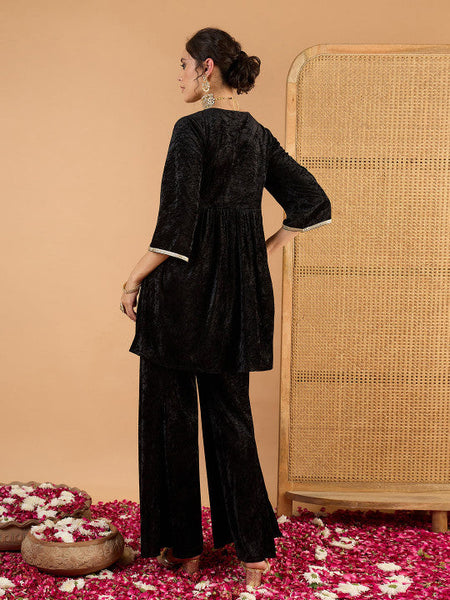 Women Ethnic Motifs Embroidered Tiered Mirror Work Kurti with Palazzos VitansEthnics