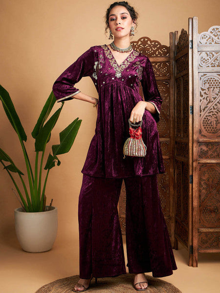 Women Embroidered Anarkali Kurti With Palazzo Set VitansEthnics