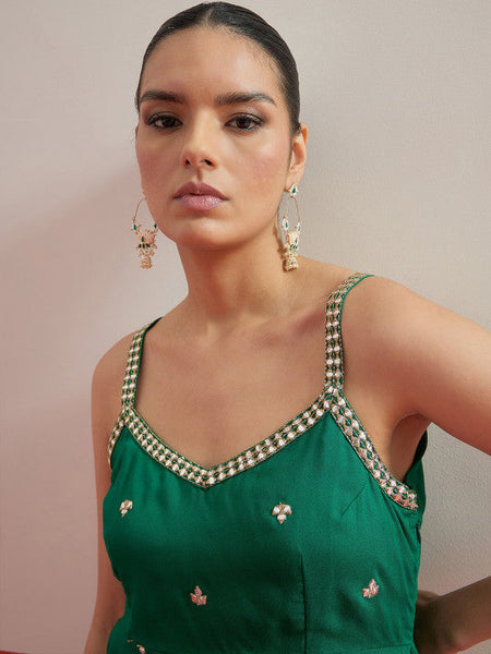Women Green Shadow Work Embellished Top with Palazzos Co-Ords Set VitansEthnics
