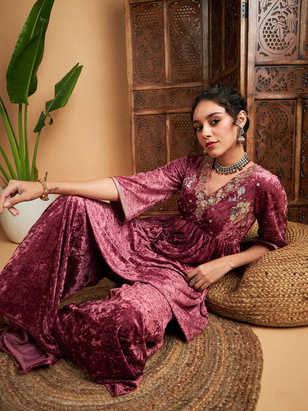 Women Embroidered V-Neck Tunic With Palazzos Set VitansEthnics