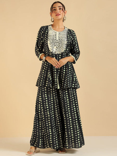 Women Fusion Polka Dots Printed Mirror Work Detail Peplum Tunic & Palazzo Co-ords Set VitansEthnics