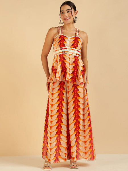 Women Fusion Leaf Printed Georgette Peplum Top With Palazzo & Dupatta Co-ords Set VitansEthnics