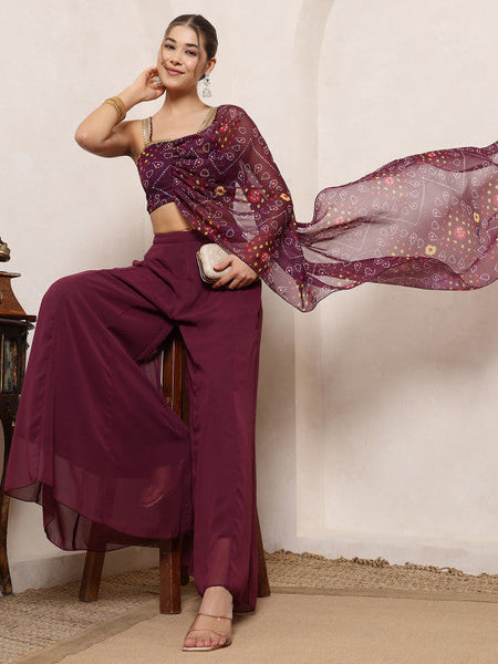Women Bandhani Printed Crop Top Attached Dupatta With Panel Sharara Co-Ord Set VitansEthnics