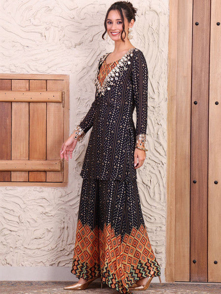 Women Bandhani Printed V-Neck Top With Palazzos Co-Ords Set VitansEthnics