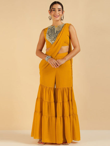 Women Embroidered and Mirror Work Crop Top With Tiered Sharara Co-Ord Set VitansEthnics