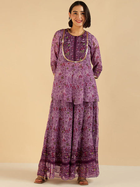 Women Fusion Floral Printed Sequinned Pure Chiffon Peplum Tunic With Palazzo Co-Ord Set VitansEthnics