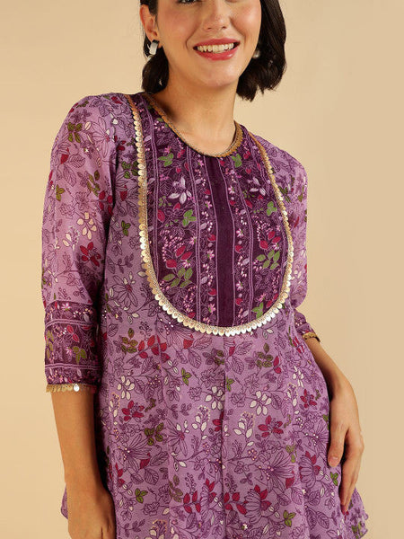 Women Fusion Floral Printed Sequinned Pure Chiffon Peplum Tunic With Palazzo Co-Ord Set VitansEthnics