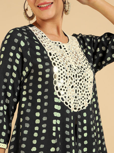 Women Fusion Polka Dots Printed Mirror Work Detail Peplum Tunic & Palazzo Co-ords Set VitansEthnics
