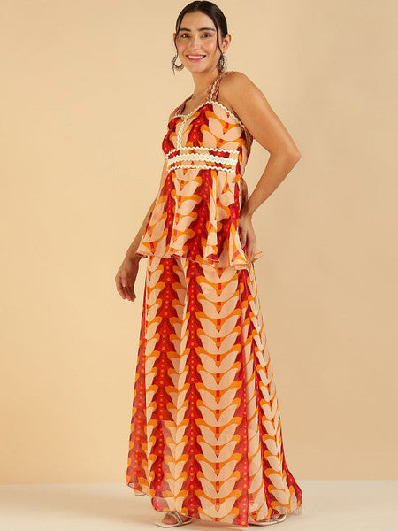 Women Fusion Leaf Printed Georgette Peplum Top With Palazzo & Dupatta Co-ords Set VitansEthnics