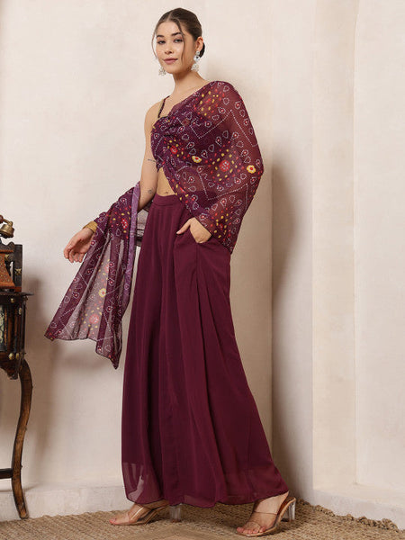Women Bandhani Printed Crop Top Attached Dupatta With Panel Sharara Co-Ord Set VitansEthnics