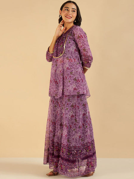 Women Fusion Floral Printed Sequinned Pure Chiffon Peplum Tunic With Palazzo Co-Ord Set VitansEthnics