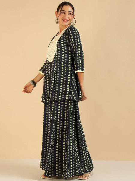 Women Fusion Polka Dots Printed Mirror Work Detail Peplum Tunic & Palazzo Co-ords Set VitansEthnics