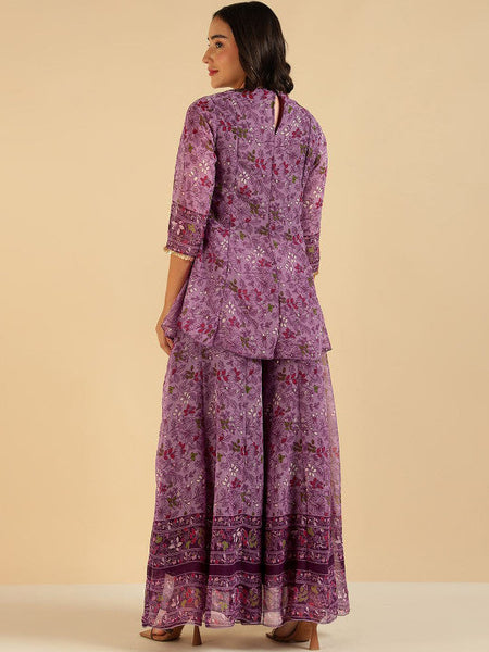 Women Fusion Floral Printed Sequinned Pure Chiffon Peplum Tunic With Palazzo Co-Ord Set VitansEthnics