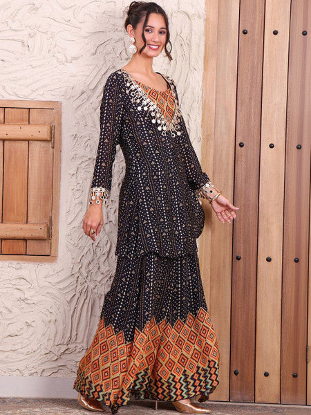 Women Bandhani Printed V-Neck Top With Palazzos Co-Ords Set VitansEthnics