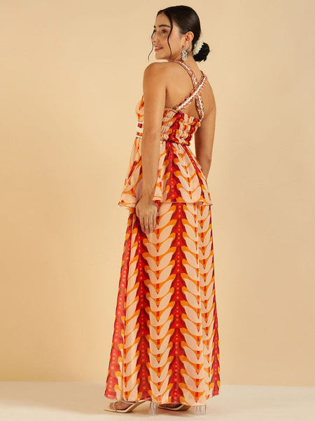 Women Fusion Leaf Printed Georgette Peplum Top With Palazzo & Dupatta Co-ords Set VitansEthnics