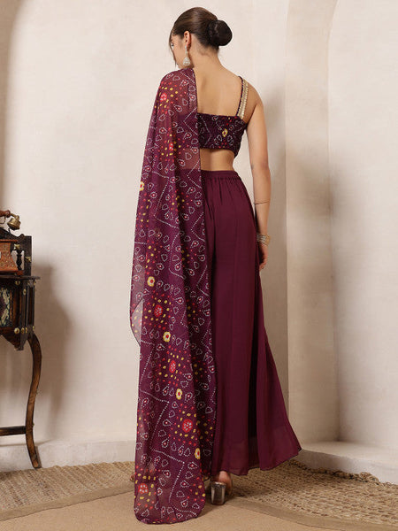 Women Bandhani Printed Crop Top Attached Dupatta With Panel Sharara Co-Ord Set VitansEthnics
