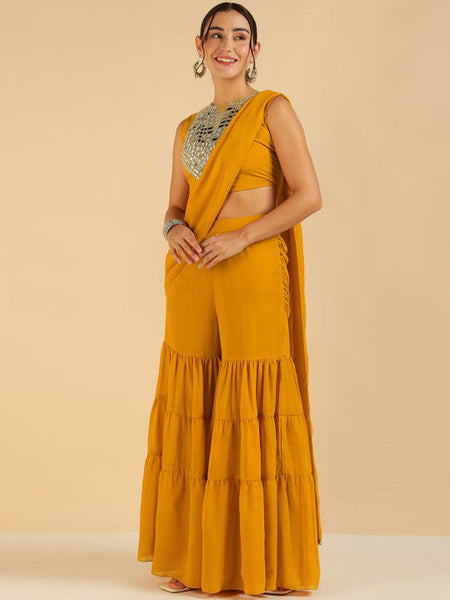 Women Embroidered and Mirror Work Crop Top With Tiered Sharara Co-Ord Set VitansEthnics