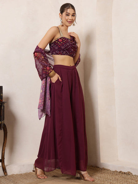 Women Bandhani Printed Crop Top Attached Dupatta With Panel Sharara Co-Ord Set VitansEthnics
