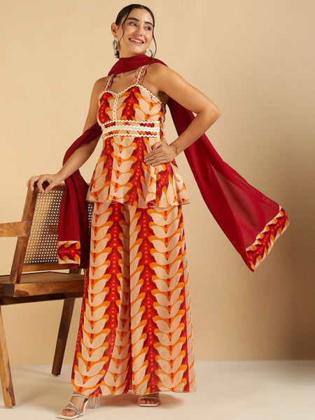 Women Fusion Leaf Printed Georgette Peplum Top With Palazzo & Dupatta Co-ords Set VitansEthnics